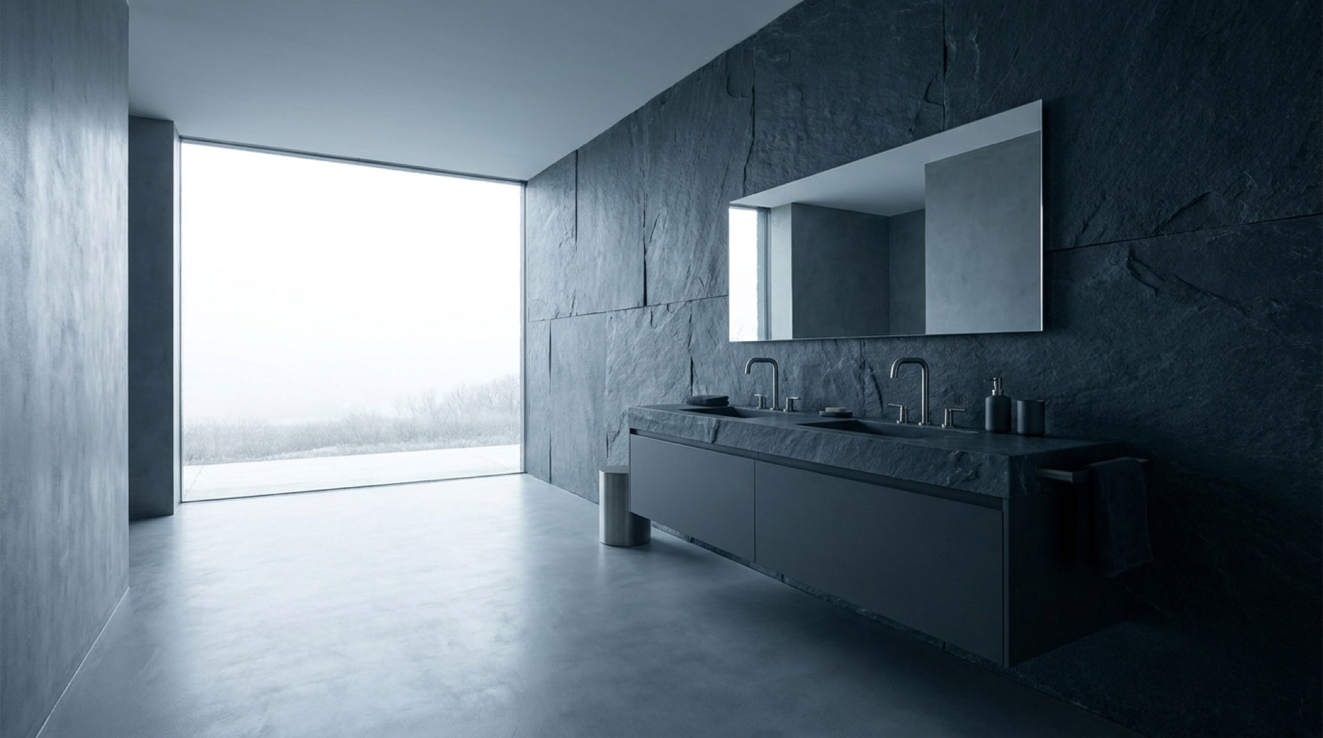 Baño minimalista en microcemento y piedra slate con grifería de acero