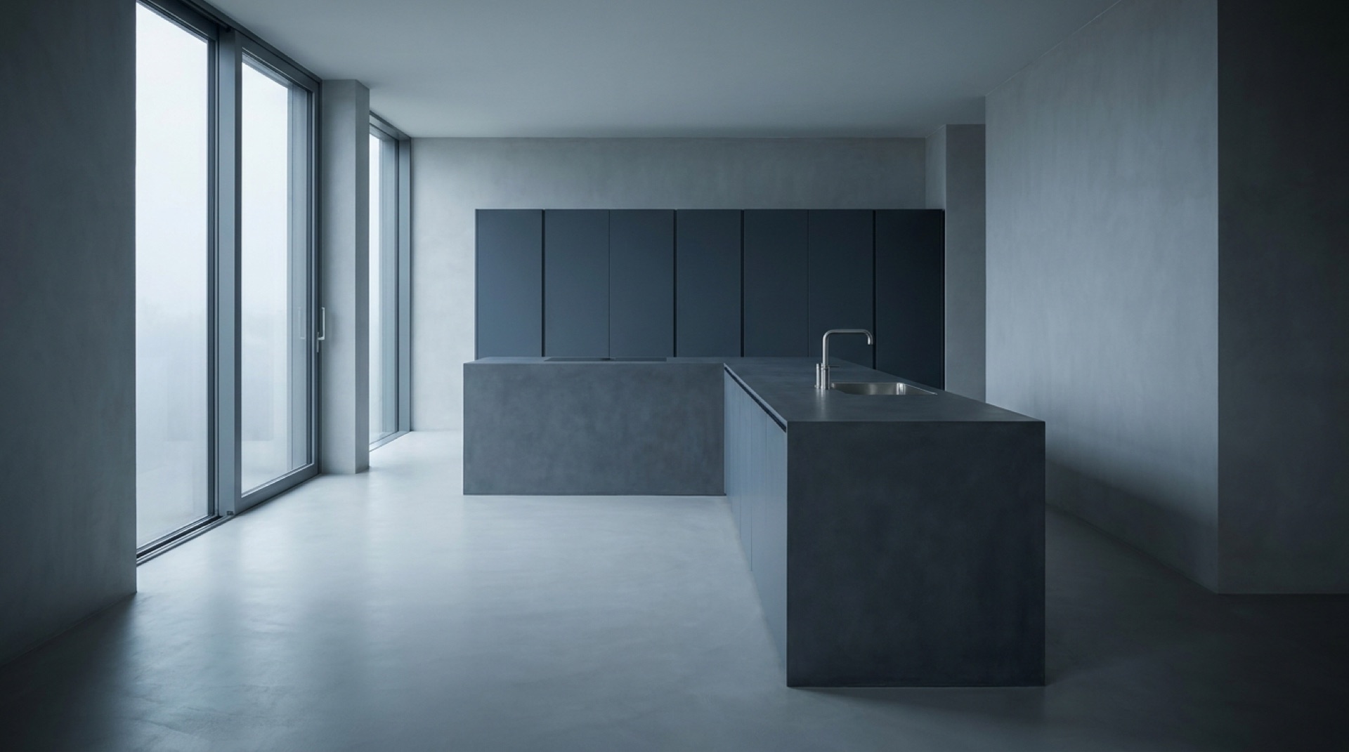 Cocina moderna de microcemento y acero con isla integrada