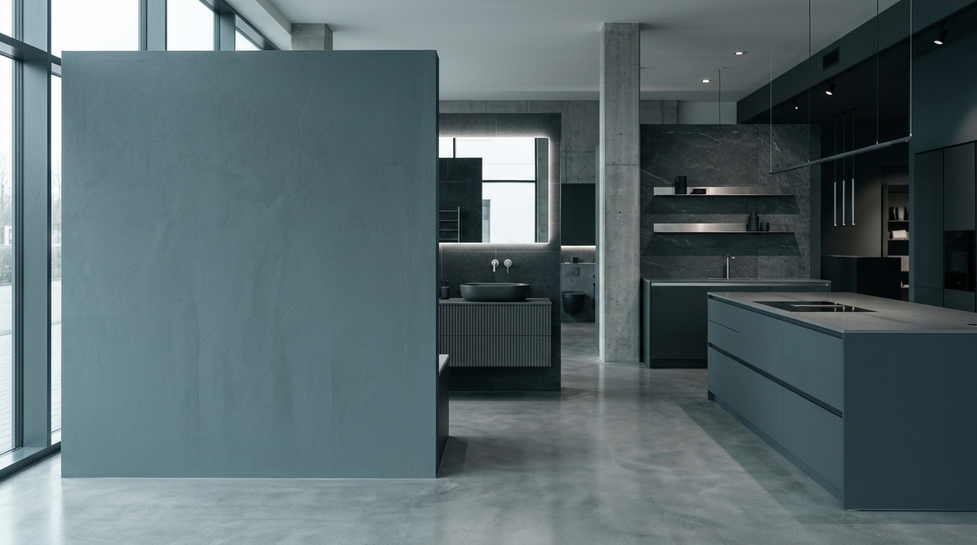 Showroom de griferia y mobiliario de bano en microcemento frio